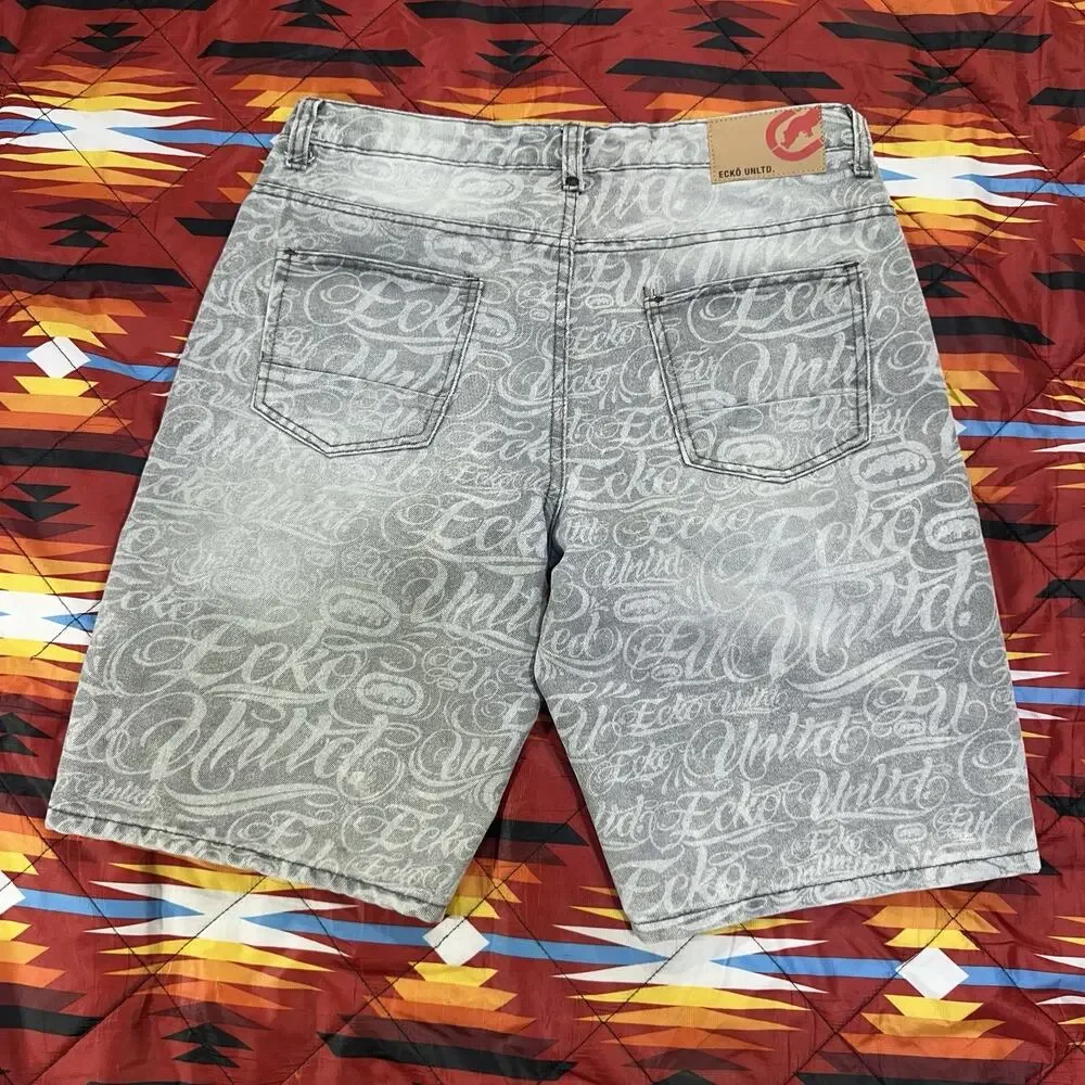 Ecko Unltd All Over Print Script Gray Denim Shorts Men’s Sz 32 Jorts Relaxed AOP